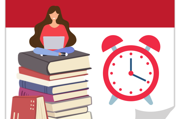 grafika wektorowa przedstawia kobietę z laptopem siedzącą na stercie książek, budzik oraz w tle kartkę z kalendarza